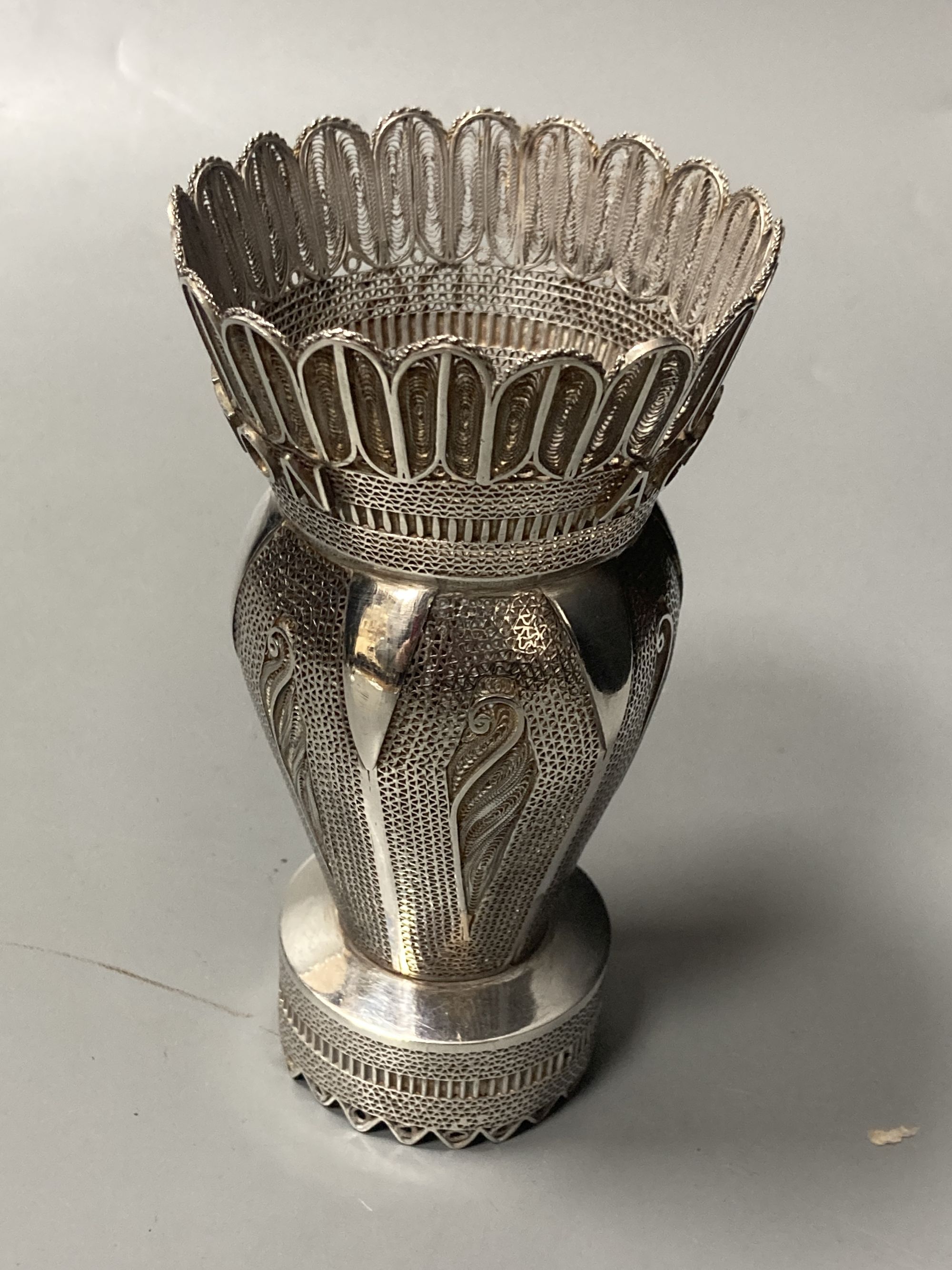 Two silver trumpet vases, one a.f., a Birks sterling compact and four continental white metal items,